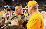 Florida Interim Head Coach Billy Gonzales meets Tennessee head coach Josh Heupel midfield after an NCAA football game against Tennessee at Steve Spurrier Field at Ben Hill Griffin Stadium in Gainesville, FL on Saturday, November 22, 2025. Florida lost to Tennessee 31-11[Alan Youngblood/Gainesville Sun]
