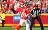 Nov 23, 2025; Kansas City, Missouri, USA; Kansas City Chiefs quarterback Patrick Mahomes (15) looks to pass against the Indianapolis Colts in the second quarter at GEHA Field at Arrowhead Stadium.
