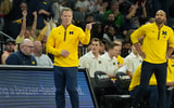 Michigan Wolverines basketball head coach Dusty May during a blowout win over San Diego State in Las Vegas. (Photo by Kirby Lee-Imagn Images)