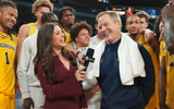 Nov 25, 2025; Las Vegas, NV, USA; TNT Sports reporter Lauren Jbara (left) interviews Michigan Wolverines head coach Dusty May after a 2025 Players Era Festival group play game against the Auburn Tigers at Michelob ULTRA Arena. Mandatory Credit: Kirby Lee-Imagn Images