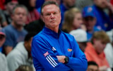 Nov 15, 2025; Lawrence, Kansas, USA; Kansas Jayhawks head coach Bill Self reacts during the first half against the Princeton Tigers at Allen Fieldhouse. Mandatory Credit: Jay Biggerstaff-Imagn Images