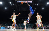Nov 26, 2025; Las Vegas, NV, USA; Kansas Jayhawks forward Flory Bidunga (40) dunks the ball in the second half against the Tennessee Volunteers in the 2025 Players Era Festival third place game at MGM Grand Garden Arena. Mandatory Credit: Kirby Lee-Imagn Images