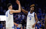 Nov 26, 2025; Lexington, Kentucky, USA; Kentucky Wildcats guard Kam Williams (3) high fives forward Andrija Jelavic (4) after the game against the Tennessee Tech Golden Eagles at Rupp Arena at Central Bank Center. Mandatory Credit: Jordan Prather-Imagn Images