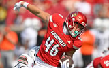 Sep 20, 2025; Louisville, Kentucky, USA; Louisville Cardinals running back Braxton Jennings (46) runs the ball against Bowling Green Falcons cornerback JoJo Johnson (10) during the second half at L&N Federal Credit Union Stadium. Louisville defeated Bowling Green 40-17. Mandatory Credit: Jamie Rhodes-Imagn Images