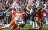 Clemson defensive end Will Heldt (13) sacks South Carolina quarterback LaNorris Sellers (16) during the first quarter at Williams-Brice Stadium in Columbia, S.C. Saturday, November 29, 2025.
