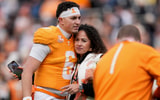 Tennessee quarterback Joey Aguilar (6) and his mother Lydia hug as he is recognized during the senior day ceremonies before the NCAA college football game against Vanderbilt on Nov. 29, 2025, in Knoxville, Tennessee.