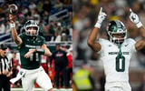 (LEFT) Michigan State quarterback Alessio Milivojevic (11) throws a touchdown pass against Maryland in the first quarter at Ford Field. - Brendan Mullin, USA TODAY Sports / (RIGHT) Michigan State wide receiver Alante Brown (0) cheer on before Michigan kicking off during the first half at Michigan Stadium in Ann Arbor on Saturday, Oct. 26, 2024. - Junfu Han, USA TODAY Sports