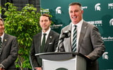 Michigan State's new football coach Pat Fitzgerald talks during his introductory press conference on Tuesday, Dec. 2, 2025, at the Tom Izzo Football Building in East Lansing. - Nick King, USA TODAY Sports