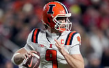 Nov 22, 2025; Madison, Wisconsin, USA; Illinois Fighting Illini quarterback Luke Altmyer (9) throws the ball against the Wisconsin Badgers during the second quarter at Camp Randall Stadium. Mandatory Credit: Kayla Wolf-Imagn Images