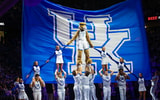 The Kentucky Wildcat and cheerleaders form a pyramid at Rupp Arena, via Mont Dawson, KSR