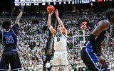 Michigan State's Jaxon Kohler makes a 3-pointer against Duke during the first half on Saturday, Dec. 6, 2025, at the Breslin Center in East Lansing. - Nick King, USA TODAY Sports