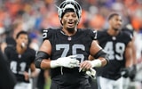 Dec 7, 2025; Paradise, Nevada, USA; Las Vegas Raiders guard Caleb Rogers (76) leaves the field following a game against the Denver Broncos at Allegiant Stadium.