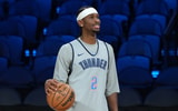 Dec 12, 2025; Las Vegas, NV, USA; Oklahoma City Thunder guard Shai Gilgeous-Alexander (2) reacts during practice prior to the Emirates Cup semifinals at T-Mobile Arena. Mandatory Credit: Kirby Lee-Imagn Images