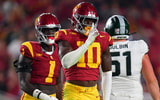 USC Trojans defensive end Braylan Shelby (10) reacts after sacking Michigan State Spartans quarterback Aidan Chiles (2) during the second half at the Los Angeles Memorial Coliseum