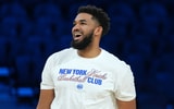 Dec 15, 2025; Las Vegas, NV, USA; New York Knicks center/forward Karl-Anthony Towns (32) reacts during practice prior to the Emirates NBA Cup championship at the T-Mobile Arena. Mandatory Credit: Kirby Lee-Imagn Images