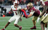 Dec 2, 2023; Charlotte, NC, USA; Louisville Cardinals wide receiver Jamari Thrash (1) runs after a catch as Florida State Seminoles defensive lineman Braden Fiske (55) defends during the third quarter at Bank of America Stadium. Mandatory Credit: Jim Dedmon-Imagn Images