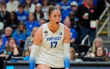 Dec 18, 2025; Kansas City, MO, USA; Kentucky Wildcats outside hitter Brooklyn Deleye (17) celebrates after a point during the first set against the Wisconsin Badgers in a 2025 NCAA Women’s Volleyball Championship semifinal match at T-Mobile Center. Mandatory Credit: Jay Biggerstaff-Imagn Images