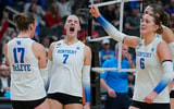 Dec 18, 2025; Kansas City, MO, USA; Kentucky Wildcats outside hitter Eva Hudson (7) celebrates after a point during the fifth set against the Wisconsin Badgers in a 2025 NCAA Women’s Volleyball Championship semifinal match at T-Mobile Center. Mandatory Credit: Jay Biggerstaff-Imagn Images