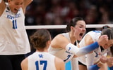 Dec 18, 2025; Kansas City, MO, USA; Kentucky Wildcats outside hitter Eva Hudson (7) celebrates with her teammates after scoring a point in a 2025 NCAA Women’s Volleyball Championship semifinal match at T-Mobile Center. Mandatory Credit: Kylie Graham-Imagn Images