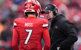 Louisville Cardinals head coach Jeff Brohm talks with Louisville Cardinals quarterback Miller Moss (7) before a play in the second half against Kentucky Saturday, November 29, 2025 in Louisville, Kentucky at L&N Federal Credit Union Stadium. The Cards shut out the Cats 41-0.