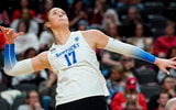 Dec 18, 2025; Kansas City, MO, USA; Kentucky Wildcats outside hitter Brooklyn Deleye (17) warms up before a 2025 NCAA Women’s Volleyball Championship semifinal match against the Wisconsin Badgers at T-Mobile Center. Mandatory Credit: Jay Biggerstaff-Imagn Images