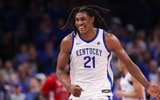 Dec 20, 2025; Atlanta, Georgia, USA; Kentucky Wildcats forward Jayden Quaintance (21) shows emotion against the St. John Red Storm in the second half at State Farm Arena. Mandatory Credit: Brett Davis-Imagn Images