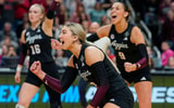 Dec 21, 2025; Kansas City, MO, USA; The Texas A&M Aggies celebrate after winning the first set against the Kentucky Wildcats in the 2025 NCAA Women’s Volleyball Championship at T-Mobile Center. Mandatory Credit: Jay Biggerstaff-Imagn Images