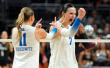 Dec 21, 2025; Kansas City, MO, USA; Kentucky Wildcats outside hitter Eva Hudson (7) celebrates after a kill during the first set against the Texas A&M Aggies in the 2025 NCAA Women’s Volleyball Championship at T-Mobile Center. Mandatory Credit: Jay Biggerstaff-Imagn Images