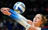 Dec 21, 2025; Kansas City, MO, USA; Kentucky Wildcats outside hitter Brooklyn Deleye (17) passes the ball during the first set against the Texas A&M Aggies in the 2025 NCAA Women’s Volleyball Championship at T-Mobile Center. Mandatory Credit: Jay Biggerstaff-Imagn Images