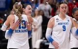 Dec 21, 2025; Kansas City, MO, USA; Kentucky Wildcats outside hitter Eva Hudson (7) and Kentucky Wildcats outside hitter Hannah Benjamin (13) hug following their loss to Texas A&M in the 2025 NCAA Women’s Volleyball Championship at T-Mobile Center.Mandatory Credit: Kylie Graham-Imagn Images