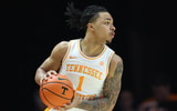 Dec 21, 2025; Knoxville, Tennessee, USA;  Tennessee Volunteers guard Amari Evans (1) moves the ball against the Gardner-Webb Runnin' Bulldogs during the second half at Thompson-Boling Arena at Food City Center. Mandatory Credit: Randy Sartin-Imagn Images