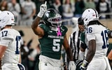 Michigan State's Jordan Hall celebrates a stop against Penn State during the third quarter on Saturday, Nov. 15, 2025, at Spartan Stadium in East Lansing. - Nick King, USA TODAY Sports