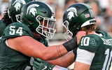 Michigan State's Tommy Schuster, right, celebrates his touchdown with Cooper Terpstra during the fourth quarter in the game against Prairie View A&M on Saturday, Sept. 14, 2024, at Spartan Stadium in East Lansing. - Nick King, USA TODAY Sports