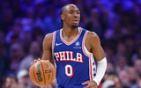 Dec 28, 2025; Oklahoma City, Oklahoma, USA; Philadelphia 76ers guard Tyrese Maxey dribbles down the court against the Oklahoma City Thunder during the first quarter at Paycom Center. Mandatory Credit: Alonzo Adams-Imagn Images