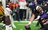 Helmets at the line of scrimmage as TCU Horned Frogs offensive lineman Coltin Deery (51) snaps the ball against the USC Trojans in the second half during the Alamo Bowl at Alamodome