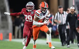Dec 27, 2024; San Diego, CA, USA; Syracuse Orange wide receiver Darrell Gill Jr. (82) catches the ball against Washington State Cougars defensive back Jamorri Colson (29) during the second half at Snapdragon Stadium. Mandatory Credit: Abe Arredondo-Imagn Images