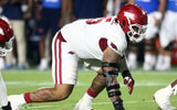 Sep 13, 2025; Oxford, Mississippi, USA; Arkansas Razorback defensive lineman Ian Geffrard (95) waits for the snap during the third quarter during the third quarter at Vaught-Hemingway Stadium. Mandatory Credit: Petre Thomas-Imagn Images