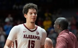Jan 3, 2026; Tuscaloosa, AL, USA; Alabama center Noah Williamson (15) accepts congratulations as he comes to the bench at Coleman Coliseum. Alabama downed Kentucky 89-74. Mandatory Credit: Gary Cosby Jr.-Tuscaloosa News