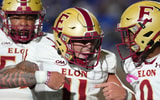 Aug 28, 2025; Durham, North Carolina, USA; Elon Phoenix quarterback Landen Clark (11) celebrates his touchdown run with wide receiver Kenaz McMillian (9) against the Duke Blue Devils during the first half at Wallace Wade Stadium. Mandatory Credit: James Guillory-Imagn Images