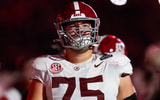 Dec 19, 2025; Norman, OK, USA; Alabama Crimson Tide offensive lineman Wilkin Formby (75) against the Oklahoma Sooners during the CFP National Playoff First Round at Gaylord Family Oklahoma Memorial Stadium. Mandatory Credit: Mark J. Rebilas-Imagn Images