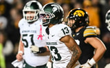 Michigan State Spartans wide receiver Chrishon McCray (13) reacts after a touchdown during the third quarter against the Iowa Hawkeyes at Kinnick Stadium. - Jeffrey Becker, USA TODAY Sports