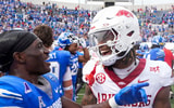 Memphis' Jamari Hawkins (9) and Arkansas' Ja'Kayden Ferguson (5)after Memphis defeated Arkansas 32-31 at Simmons Bank Liberty Stadium in Memphis, Tenn., on September 20, 2025. © Chris Day/The Commercial Appeal / USA TODAY NETWORK via Imagn Images