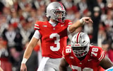 Ohio State Buckeyes quarterback Lincoln Kienholz (3) speaks to his teammates in the second half of the NCAA college football game at Ohio Stadium on Saturday, Nov. 15, 2025 in Columbus, Ohio.