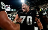 Michigan State offensive lineman Luka Vincic (70) celebrates a double-overtime victory over Boston College at Spartan Stadium. - Brendan Mullin, USA TODAY Sports