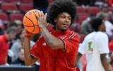 Jan 10, 2026; Louisville, Kentucky, USA; Louisville Cardinals guard London Johnson (5) warms up before the first half against the Boston College Eagles at KFC Yum! Center. Mandatory Credit: Jamie Rhodes-Imagn Images