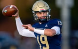 Tri-West Hendricks High School junior Jack Sorgi (19) warms up on the field before the start of an IHSAA varsity football game against Bishop Chatard High School, Friday, Oct. 10, 2025, at Tri-West Hendricks High School.
