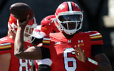 Aug 30, 2025; College Park, Maryland, USA; Maryland Terrapins quarterback Justyn Martin (6) throws before a game against the Florida Atlantic Owls at SECU Stadium. Mandatory Credit: Daniel Kucin Jr.-Imagn Images