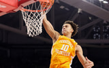 Jan 3, 2026; Fayetteville, Arkansas, USA; Tennessee Volunteers forward Nate Ament (10) dunks the ball in the first half against the Arkansas Razorbacks at Bud Walton Arena. Mandatory Credit: Nelson Chenault-Imagn Images