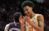 Tennessee forward Nate Ament (10) smiles during a NCAA basketball game between Tennessee and Texas A&amp;M at Thompson-Boling Arena at Food City Center in Knoxville, Tenn., on Jan. 13, 2026.
