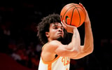 Tennessee guard Ja'Kobi Gillespie (0) attempts a shot during a college basketball game between Tennessee and Louisville held at Thompson-Boling Arena at Food City Center in Knoxville, Tenn., on Dec. 16, 2025.